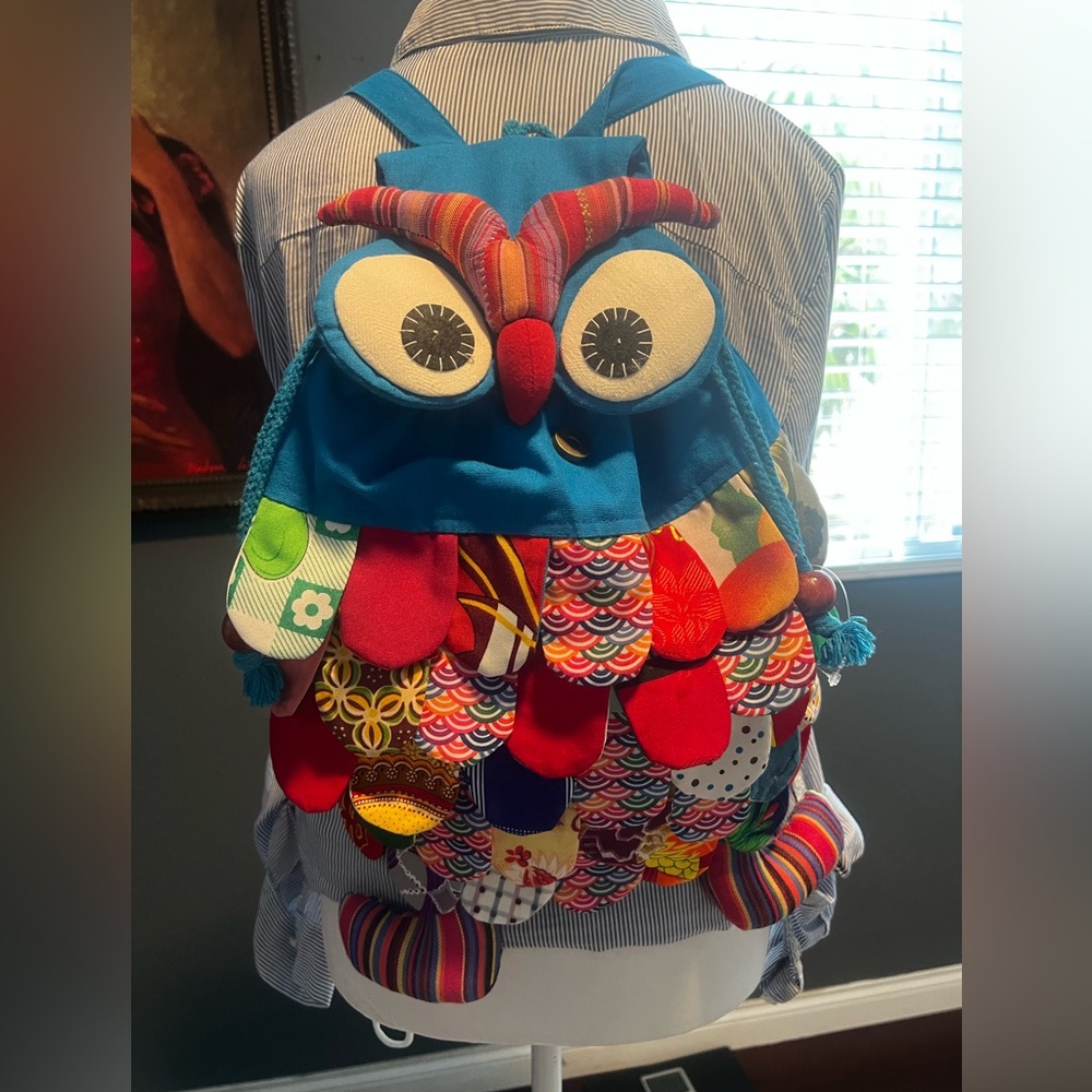 Handmade Multicolor Owl Patchwork Backpack - Blue Base - Picture 2 of 8